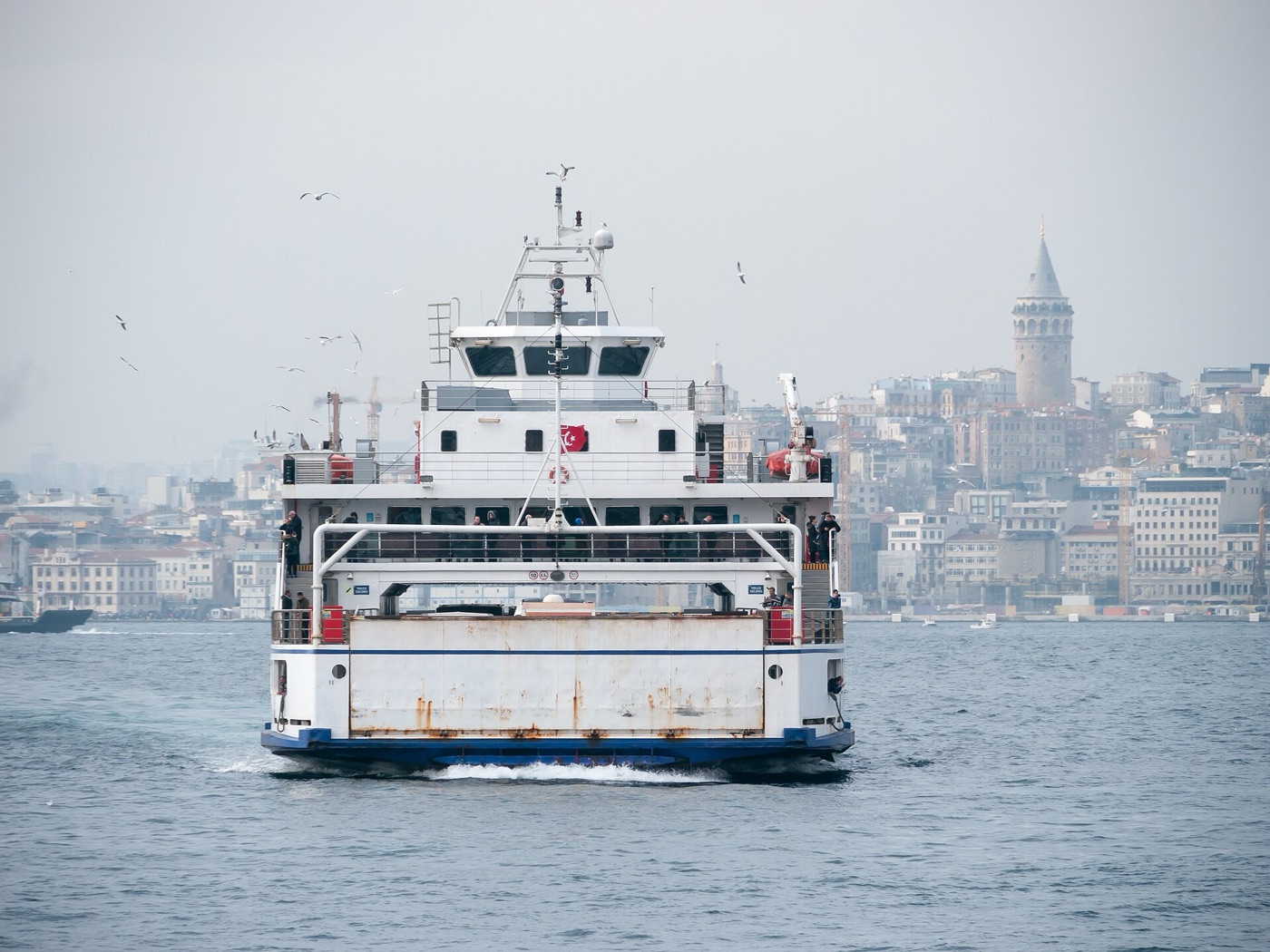 A view along the Bosphorus strait in Istanbul, with the skyline and water